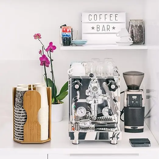 Double Compartment Cup & Lid Dispenser For 8oz Cups - Bamboo & Gold Rail Organizer For Coffee Station, Office, Cafe - View #3