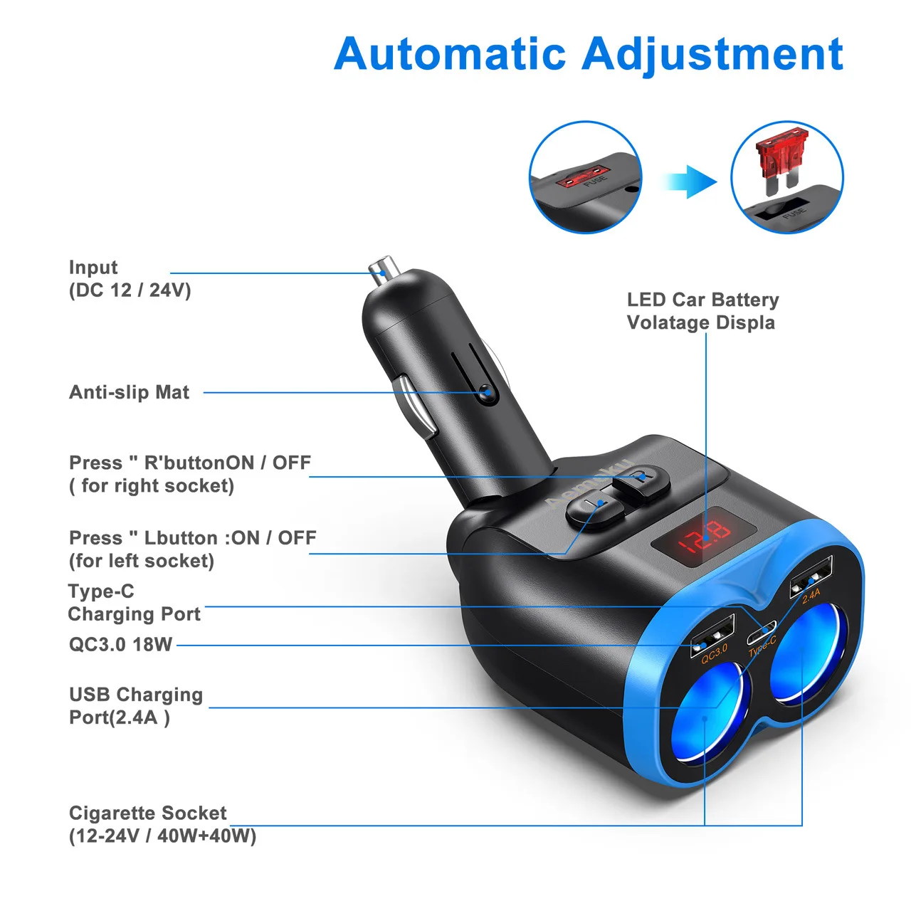 12V/24V 2 Cigarette Lighter Splitter QC3.0+2.4A+PD3.0 USB C Car Charger  Adapter Multi Power Outlet With LED Voltmeter for Car
