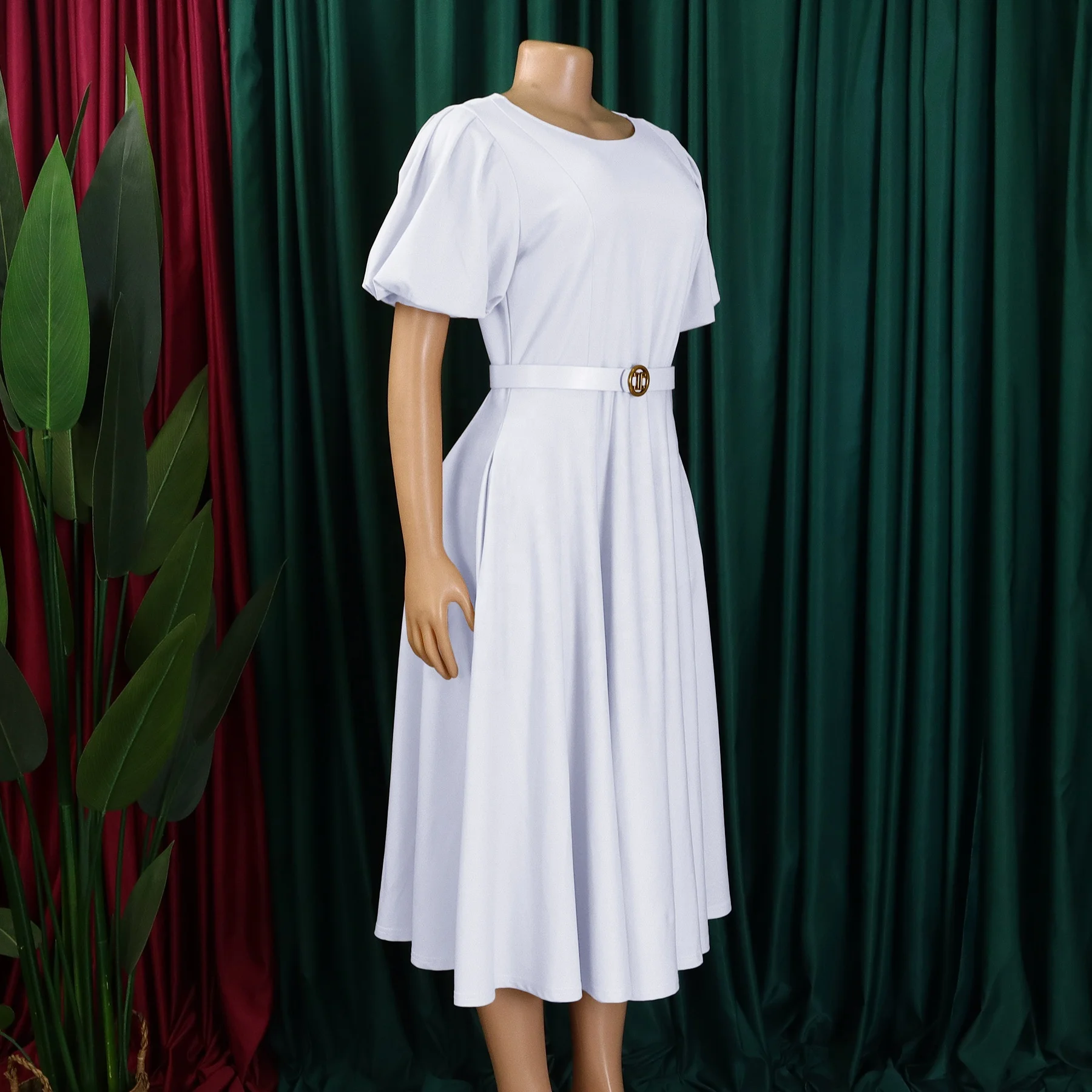 African Elegant Summer White Dress A-line Ruched Ladies Office