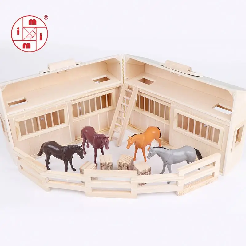 Wooden Educational Toys BSCI Factory Wooden Horse Stable Dollhouse Toy with Handle and Toy Horse
