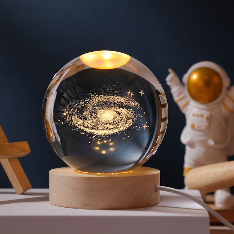 60mm Large 3d galaxy Crystal Ball Night Lamp Light Custom 3d Laser Engraved Crystal Glass Ball Crafts With Led Wooden Base