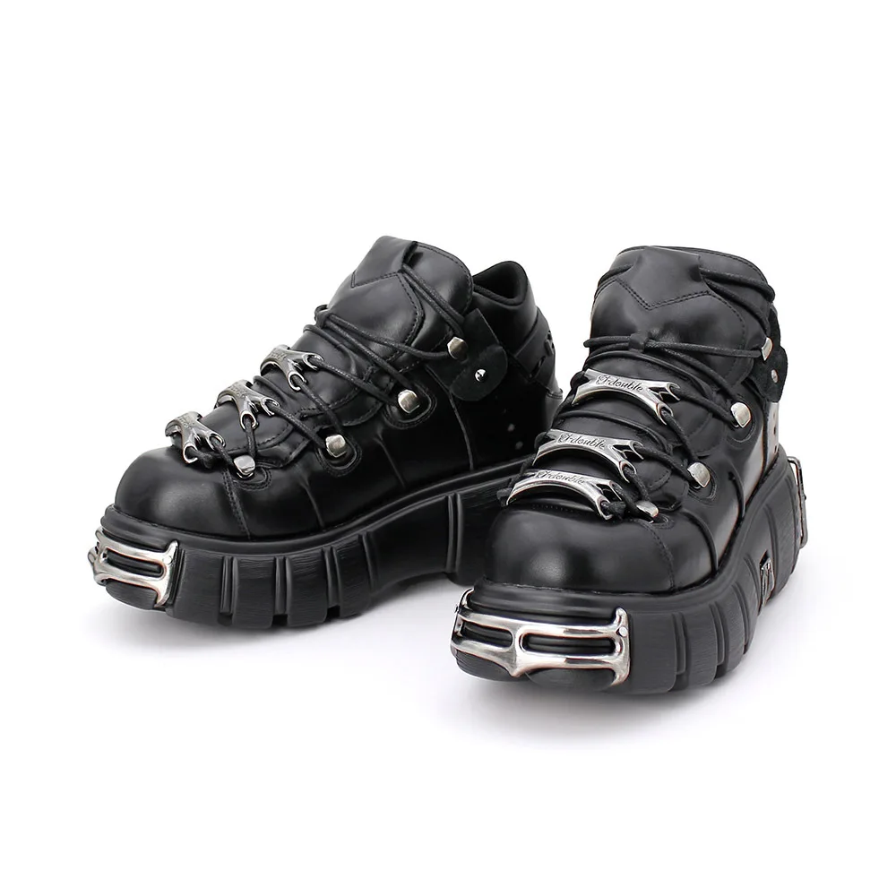 Winter Fashion Round Toe Metal Shoes Thick Sole Ladies Low Top Punk Style Women Chunky Platform Black Leather Boots - Image 6