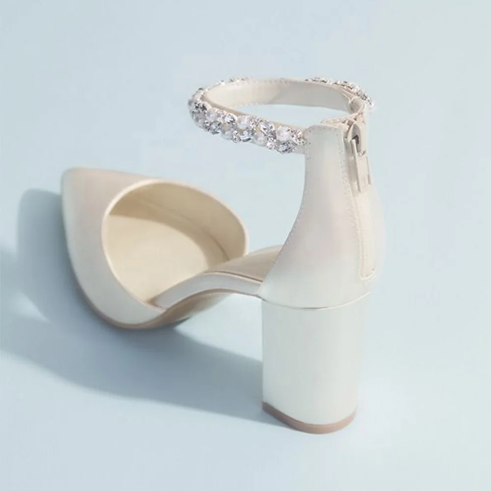 Elegant Bride Ankle Strap Pointed Toe Block Chunky Heel Wedding Shoes Party Women High Heels