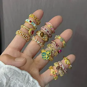 Hight  Ring Vintage Middle Ancient Style Zircon Color Trendy Niche Light Luxury Fade Ring Brass