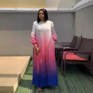 Miyake Gradient-colored Long Robe with Long Sleeves and Large Size Dress, Middle-style Pleated Dress