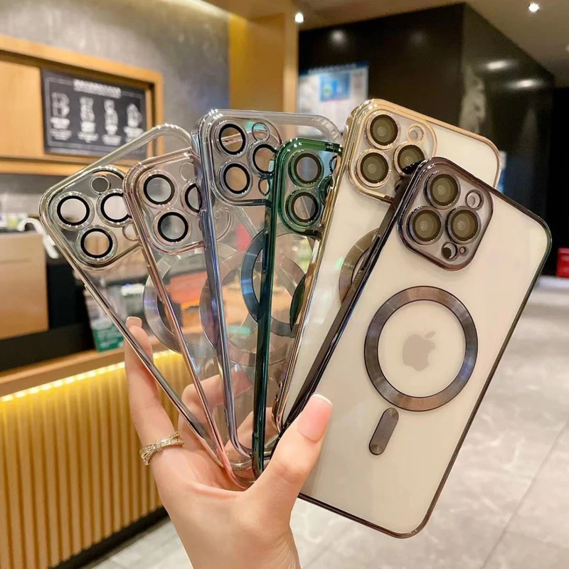 Мягкий силиконовый чехол для iPhone 14 13 Pro Max с гальваническим покрытием прозрачный телефона Magsafes противоударный защитный