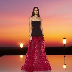 ZYHT 70147 a Line Mesh Contrast Color Tube Dinner Elegant Long Party Dress for Women Strapless Sexy Long Black Evening Dresses