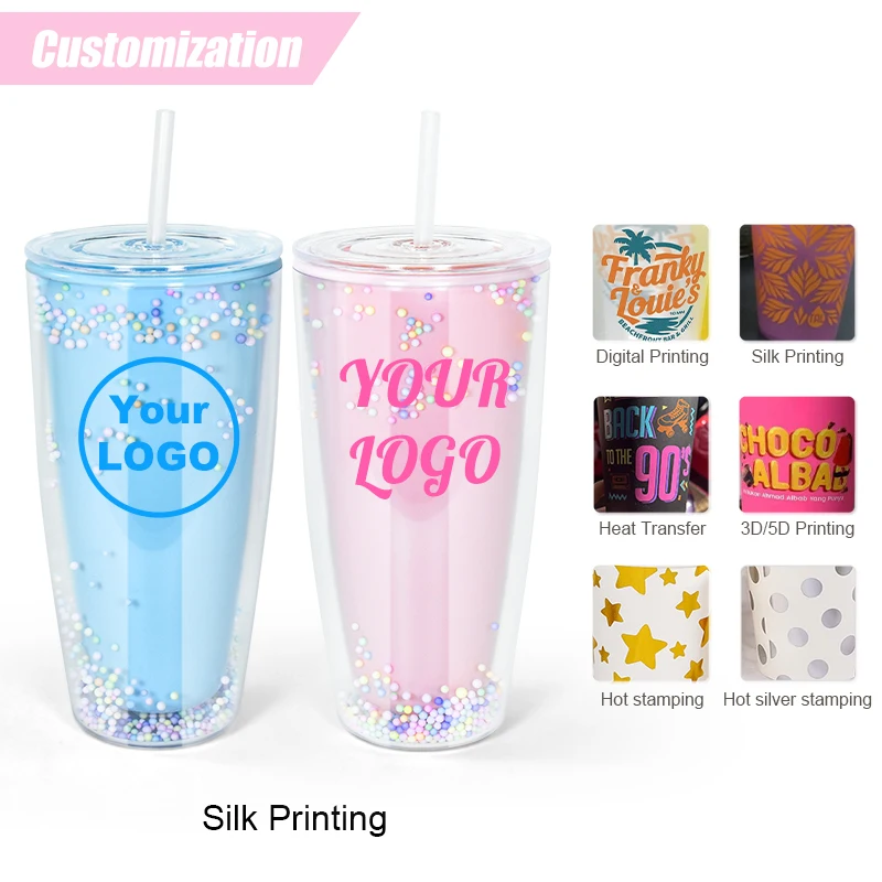 Quality Customized Insert 24oz Bulge Acrylic Plastic Cup with Decoration Ball and Straw 40PCS/CASE