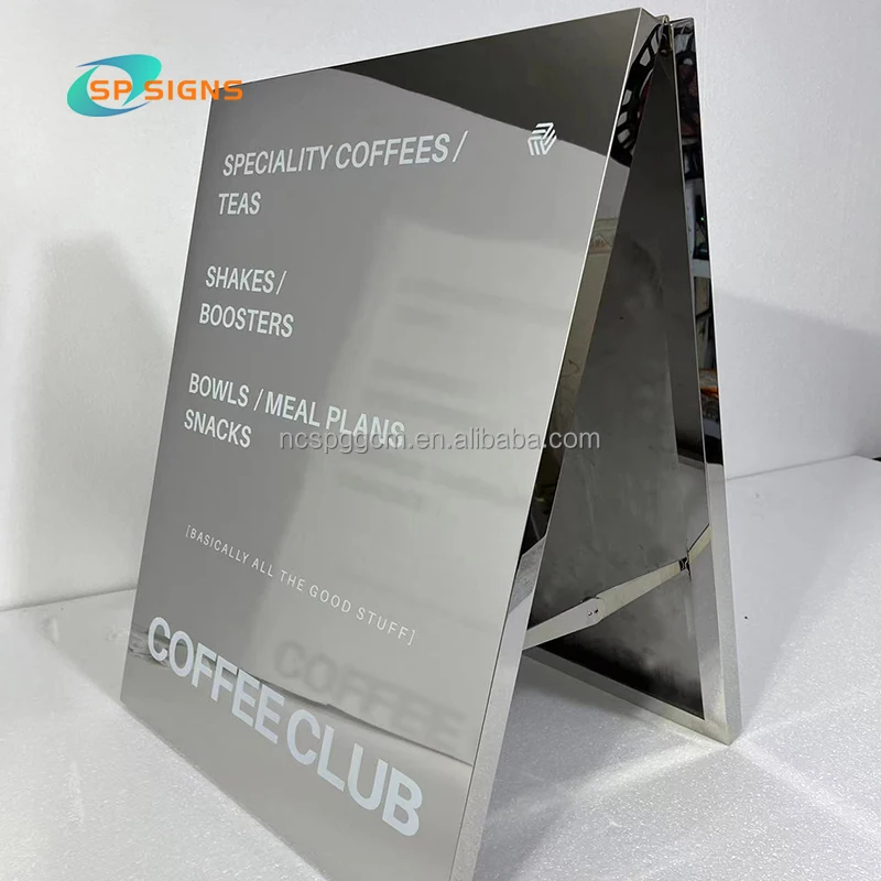 SP Custom 8k 12K Sliver Gold Mirror Stainless Steel A-frame Signage Double Side Stand Advertising Board Business Sign Outdoor