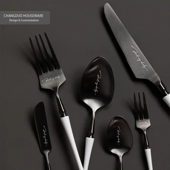 Creative black and white stainless steel flatware cutlery tea spoon butter knife fruit fork Restaurant Hotel gift custom logo