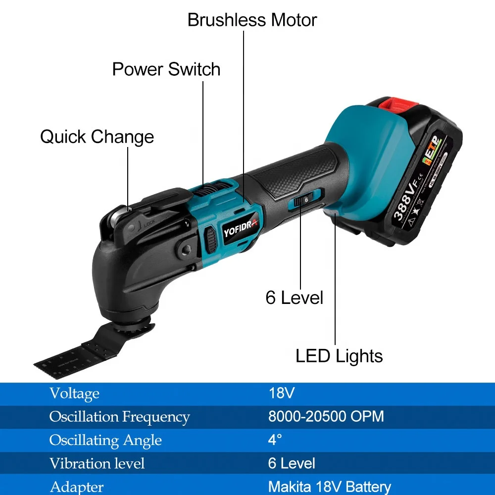 Yofidra Brushless Oscillating Multi-Tool Electric Saw Trimmer Shovel Cutting Polishing Woodworking Tool for Makita 18V Battery