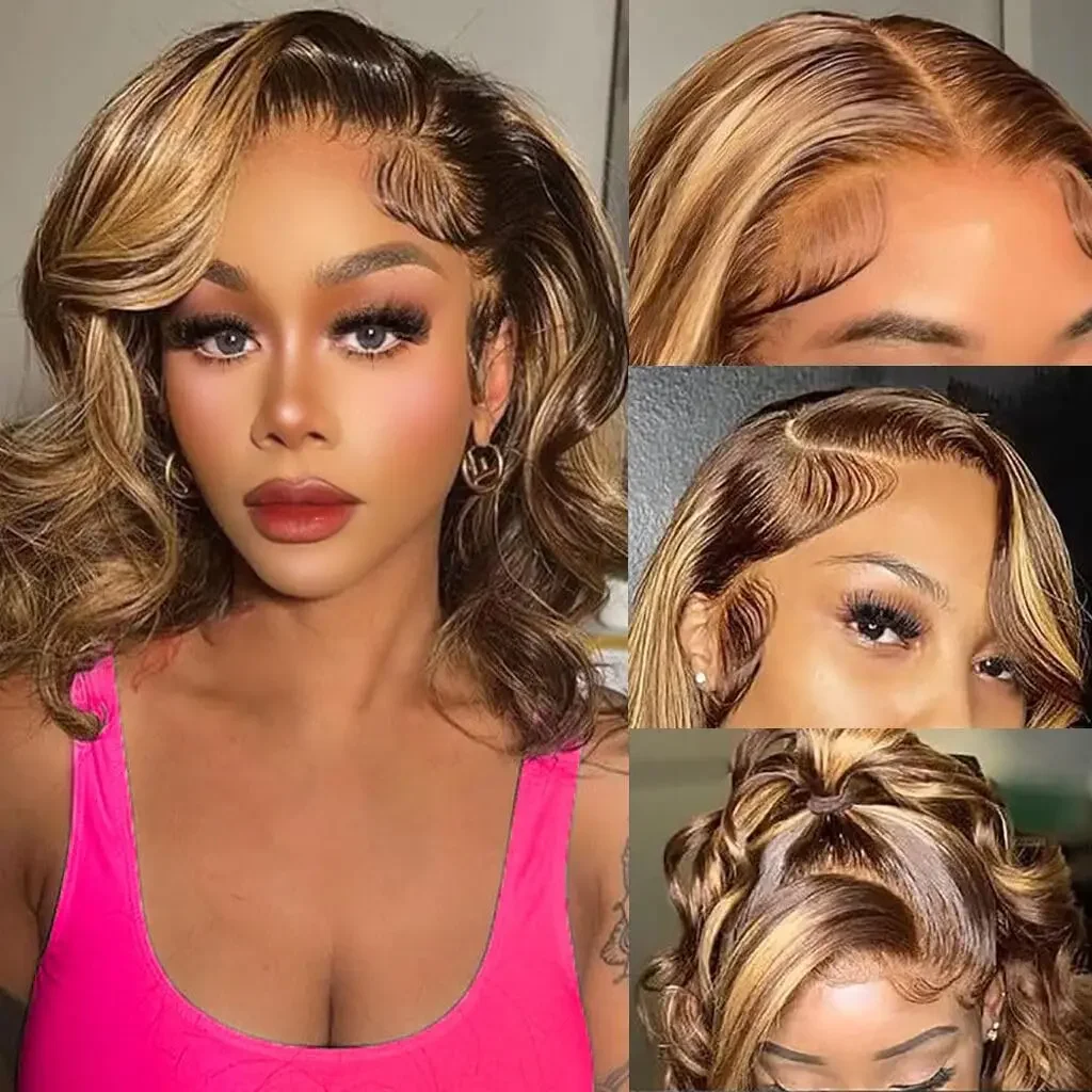 180 Density 4 27 Highlight Body Wave Lace Wigs 8 16 inch 13x4 Lace Front Deep Wave Curly Human Hair Short Bob Wig for Women_voghion.com