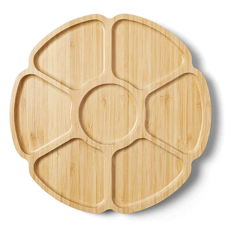 Multi Use Bamboo Plate Flower Shape Snack Serving Tray 360-Degree Rotating Party Tray Perfect for Parties,Family Dinners