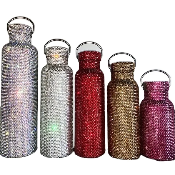 AIDDKK Cup Water Bottle Sparkling High-end Insulated Bottle Bling Rhinestone Stainless Steel Thermal Bottle Diamond Thermo Silver Water Bottle with Lid Water Cup 500ml