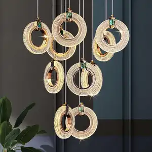 Modern Long Chandelier Villa Staircase Chandelier Duplex Floor Living Room Loft Black Ring Chandelier Decoration