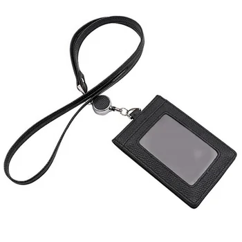 Leather ID Card Holder RFID Wallet Case with 4 Cards Slot and Neck Lanyard/Strap. Additional Retractable Badge Reel