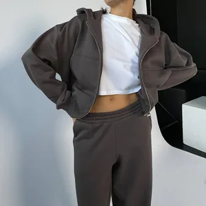 OEM Winter Activewear Sports Outfit Women Brown Vintage Full Zipper-up Hoodies Tracksuits 2pcs Cotton Oversize Set