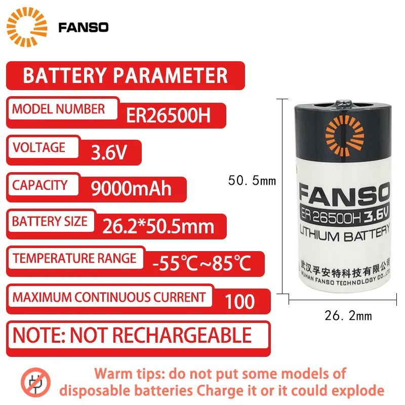 Batteria FANSO ER26500H LiSOCl2 3,6V 8500mAh Con Connettore XH Per Allarmi E Misuratori