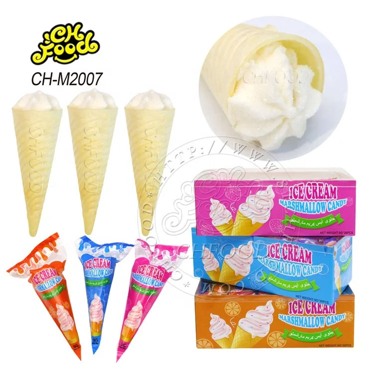 Customized Halal Fruit Flavor Ice Cream Shape Marshmallows with Jam Filled Cone Cotton Candy Sweets