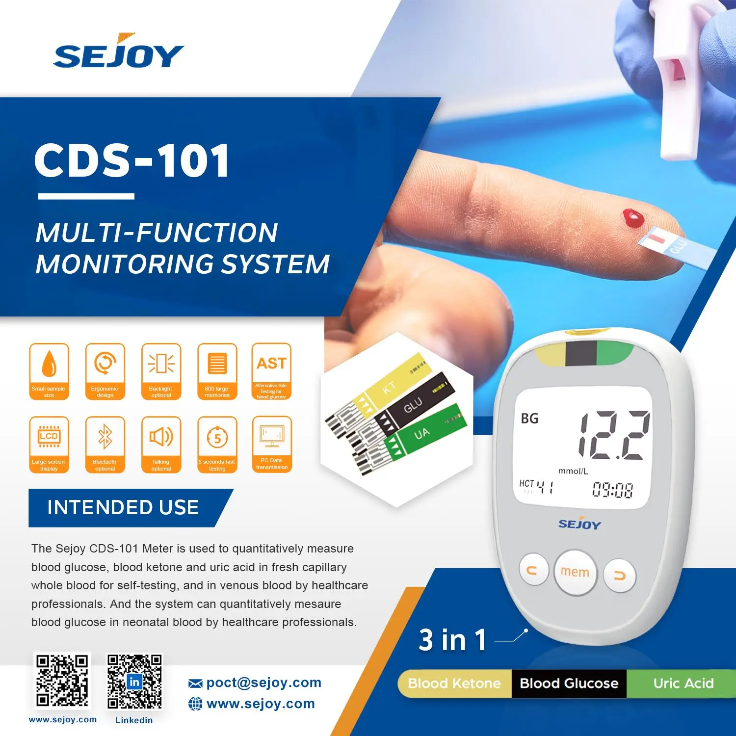 Sejoy 3 in 1 Multi-function Monitor Blood Glucose / Uric Acid / Blood Ketone Meter
