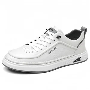 Men's Comfortable Anti-Slippery Black Leather Upper Sneakers Lace-Up Closure Skateboard and Running Walking Shoes