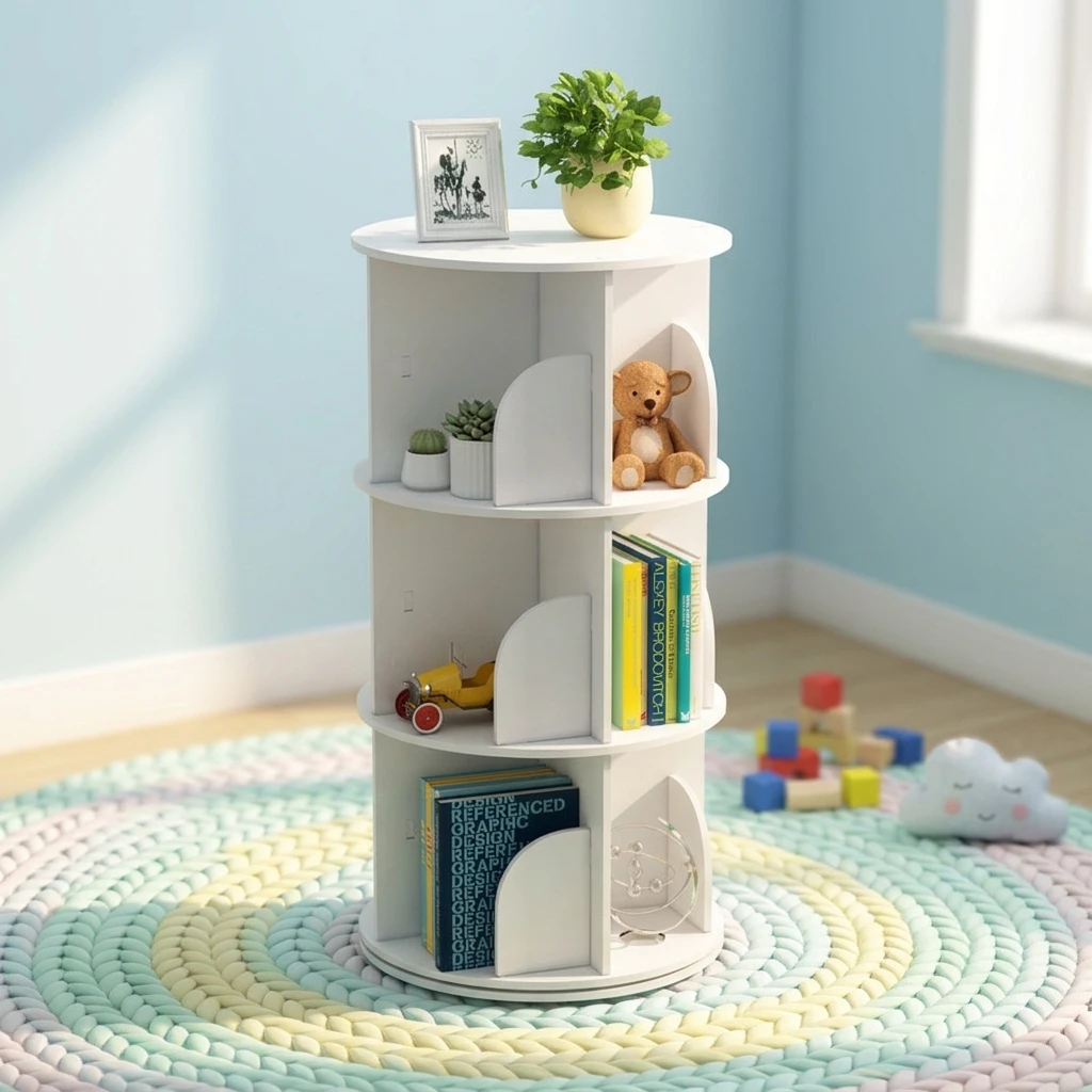 Solid Wood 360-Degree Rotating Corner Bookshelf with 8 Shelves Modern Freestanding Design for Apartment Use