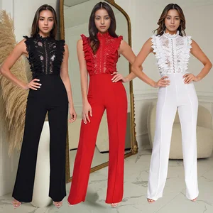 Latest Design Elegant Female Jumpsuit Women Office Lady Tight Slim Solid Color Lace Sleeveless Jumpsuit for Ladies