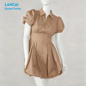 Apparel Manufacturer Customized Chic Cotton Fully Zipper Front Bubble Hem Pleated Polo Dress for Ladies