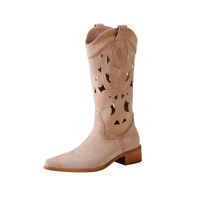 Ladies Wood Low Heels Suede Hollowed Out Sandals Boots Embroidered Ankle Women Mid-calf Western Cowboy Boots - Image 5