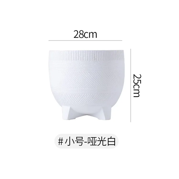 Large Diameter White Stripe Concrete Matte Floor Garden Table Planter Flowerpot Modern Garden Flower Plant Pot with Feet