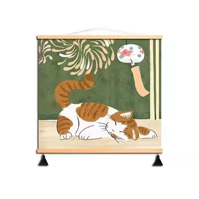 Green Yellow Gallery Wall Art Set Canvas Print Sleeping Cat Floral Vase Nature Landscape Minimalist Whimsical Home Decor