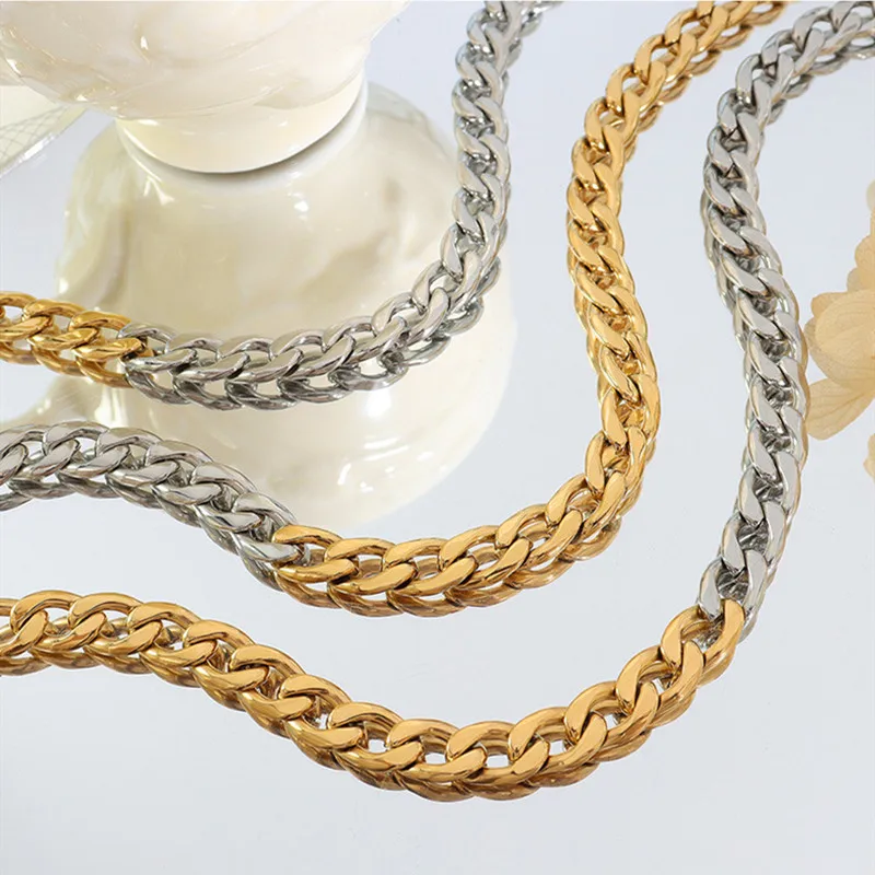 Collier Double couleur plaqué or or 18k, argent plaqué PVD, grosse chaîne  cubaine, collier en acier inoxydable
