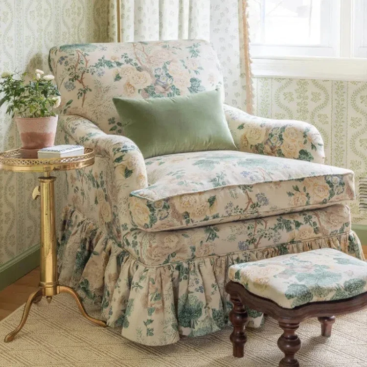 French Vintage Floral Armchair Solid Wood Retro Fabric Lounge