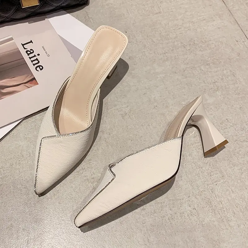 NEW Point Head Sandals with Diamond Summer Women's High-heeled Shoes with Thick Heels and Wrapped Half slippers