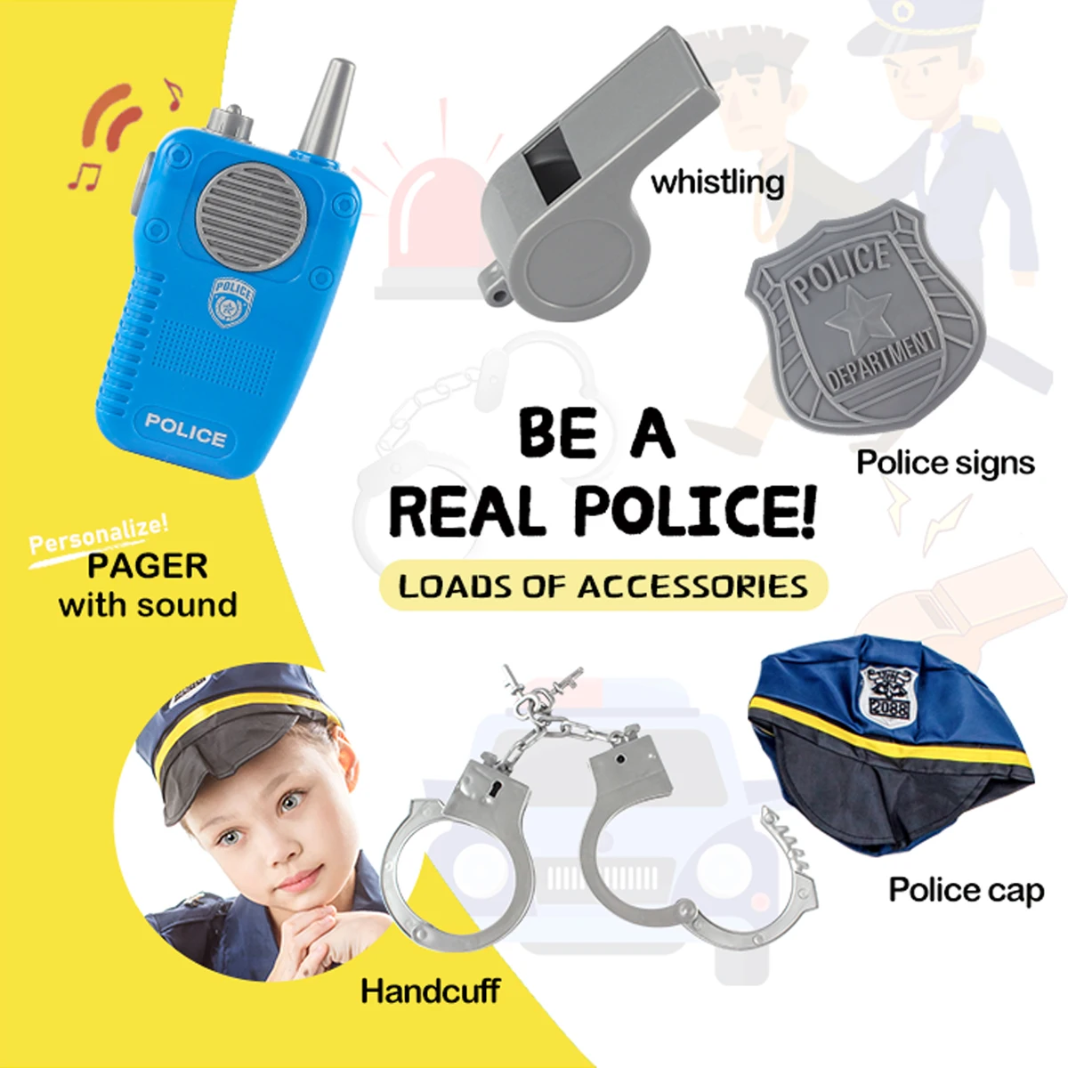 Костюм Полицейского для ролевых игр для детей, костюм полиции, нарядная игрушка, 7 шт., с аксессуарами и моющейся одеждой