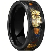 Ouyuan Factory Fashion Rings 8mm Gold Leaf Meteorite Inlay Black Tungsten Rings for men Wedding Band Ring