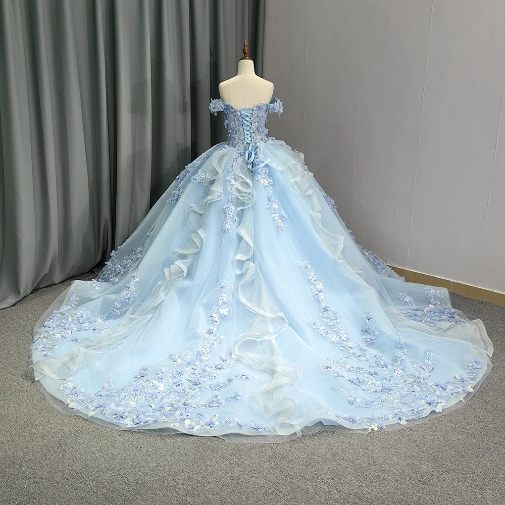 Light Sky Blue Quinceanera Dresses Ball Gown Off Shoulder 3D