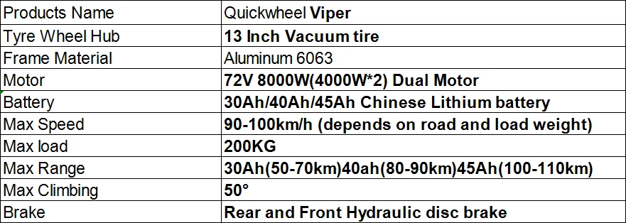 Quickwheel Viper Folding Electric Scooter Frames 13 Inch 72V 45Ah 6000W 8000W 100Km/H Adults High Speed Electric Scoote
