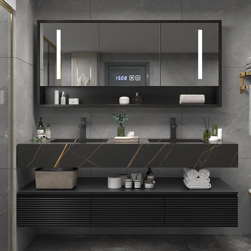 Luxury Modern Matte Black Floating Bathroom Vanity Mirror Cabinet Wall ...