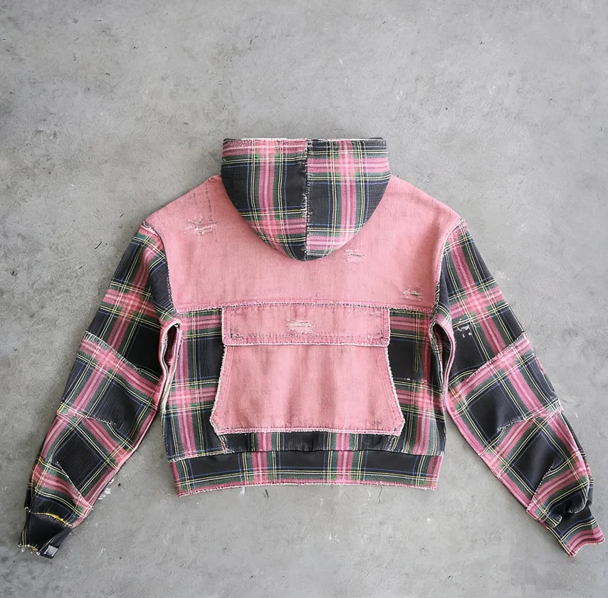 SALATI HighQuality Custom Designer Embroidery Plaid Acid Wash Oversized Color Blocked Oversized Zipper Waffle Flannel Men Hoodie gallery 4