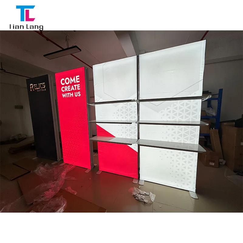 10ft Sabloninio dizaino suskleidžiamas straipsnių gaminys iš dirbtinio audinio su aliuminiu rėmimu SEG LED šviesos langas reklaminis pop-up stendas fonas