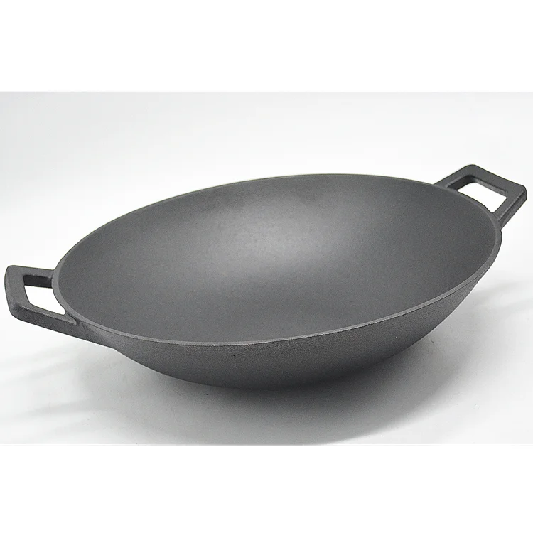 Good Quality Heavy Duty Pre-seasoned Cast Iron 36cm Wok With Two