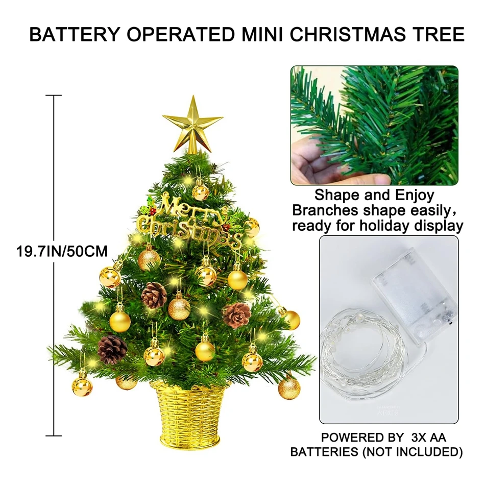 20 Inch Artificial Tabletop Tree 50 CM LED Small Decorated Christmas Trees with Gold Basket