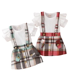 2023 Fashion Toddler Summer Clothing Sets 3pcs Short Sleeve Crew Neck T-shirt Plaid Vest Coat A-line Skirt Baby Girls Outfits