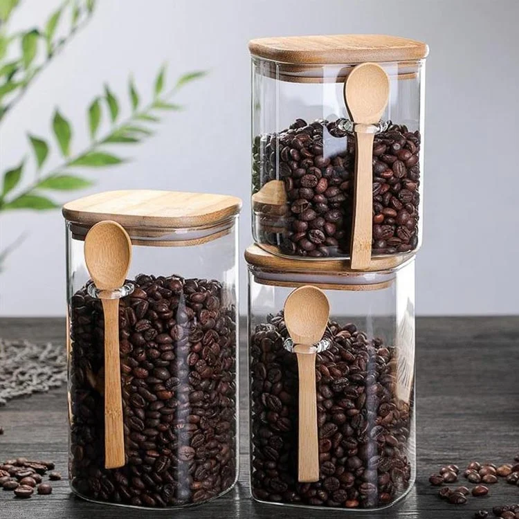 800ml 1000ml 1200ml Bamboo Lid sealed Glass Food Container Jar with Scoop for Bath Salt Holder Sugar Spice Coffee