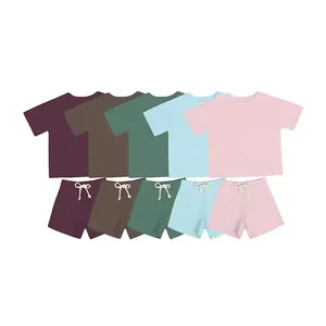 OEM Clothing Manufacturing Short Sleeve T Shirt Shorts Two Piece Set Kids Children Summer Cotton Clothes