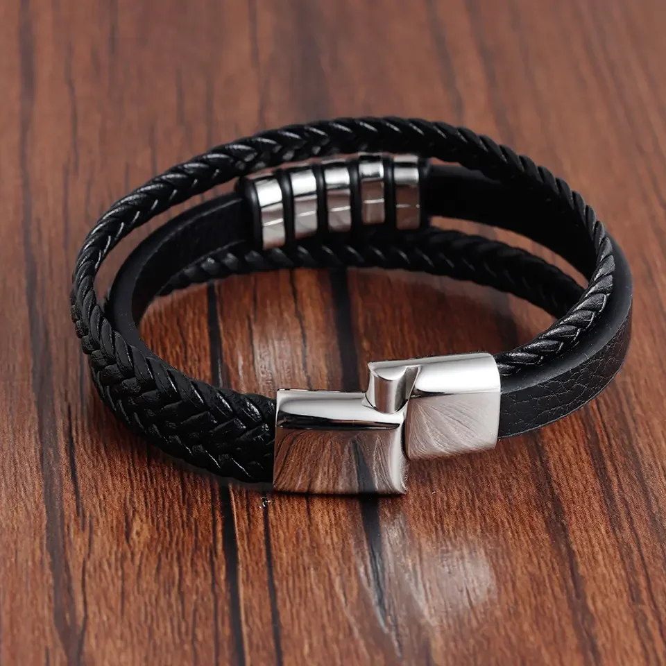 Stylish 3 Layer Genuine Leather Bracelet with Magnetic Clasp
