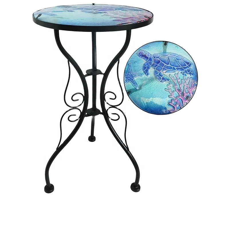 Home Fusion Glass printed Turtle Colorful Metal Plant Stand Side Table