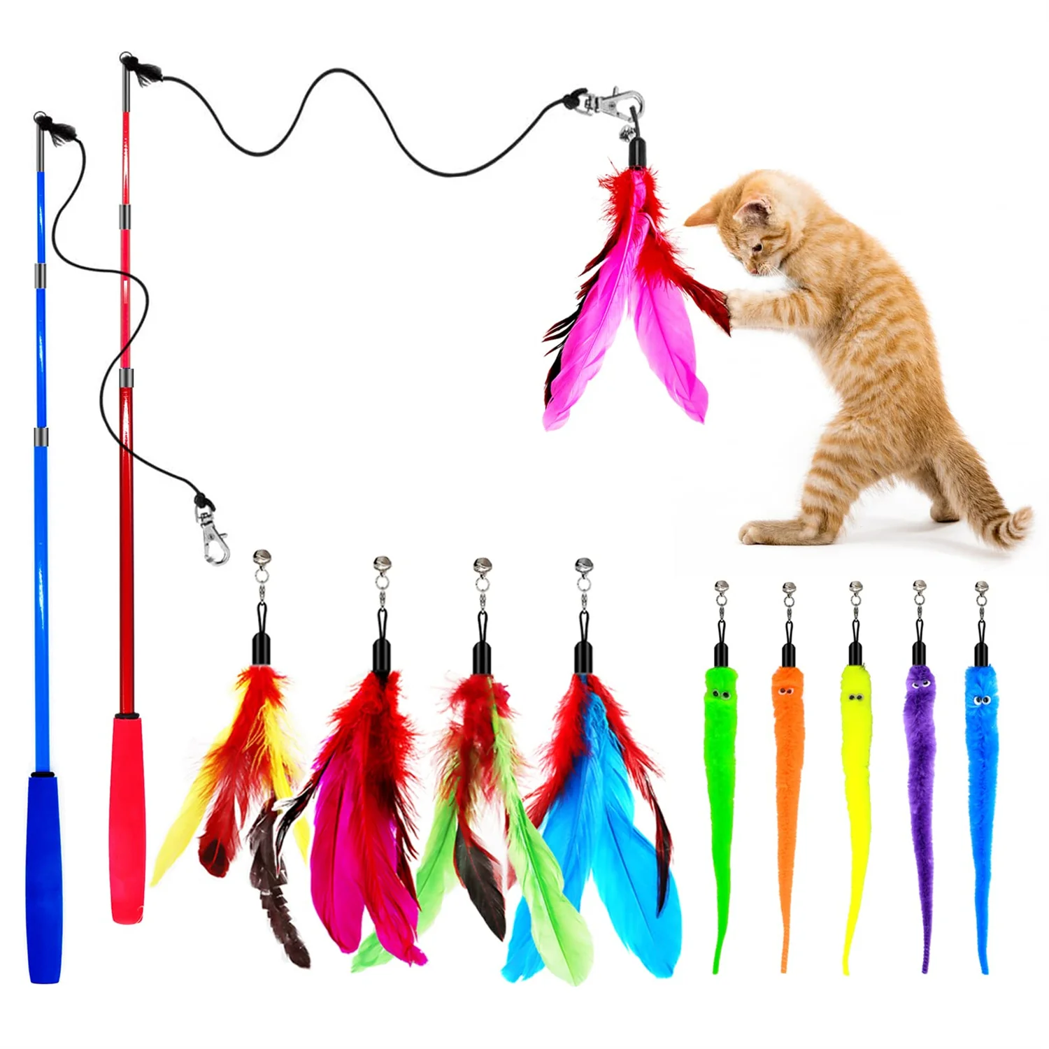 Retractable Pet Interactive Bell Feather Wand Toys Teaser Refills Cat 