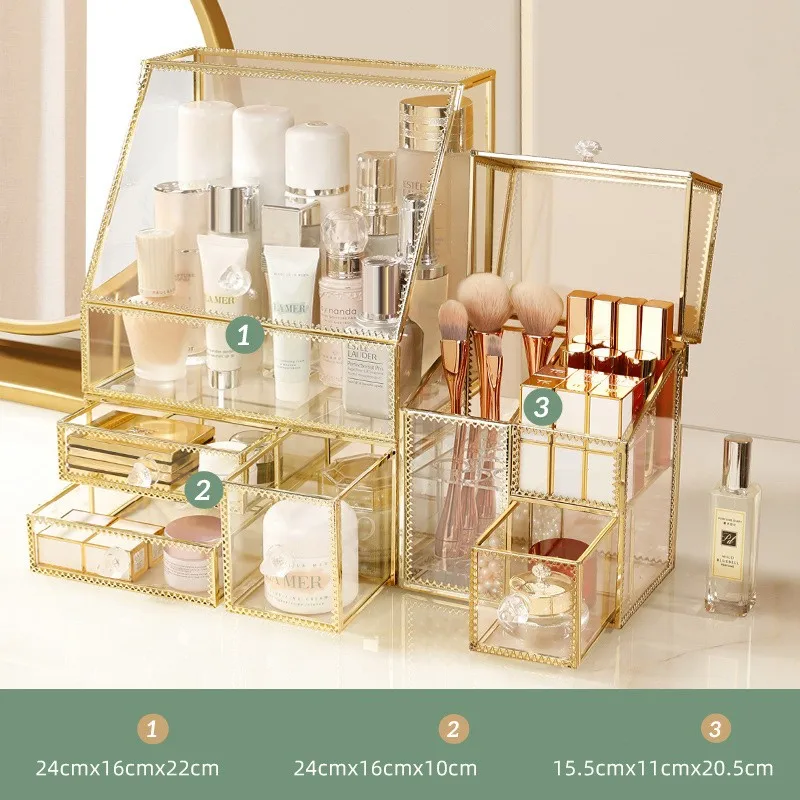 Cosmetics storage box transparent glass dustproof household desktop lipstick skin care products perfume shelf details